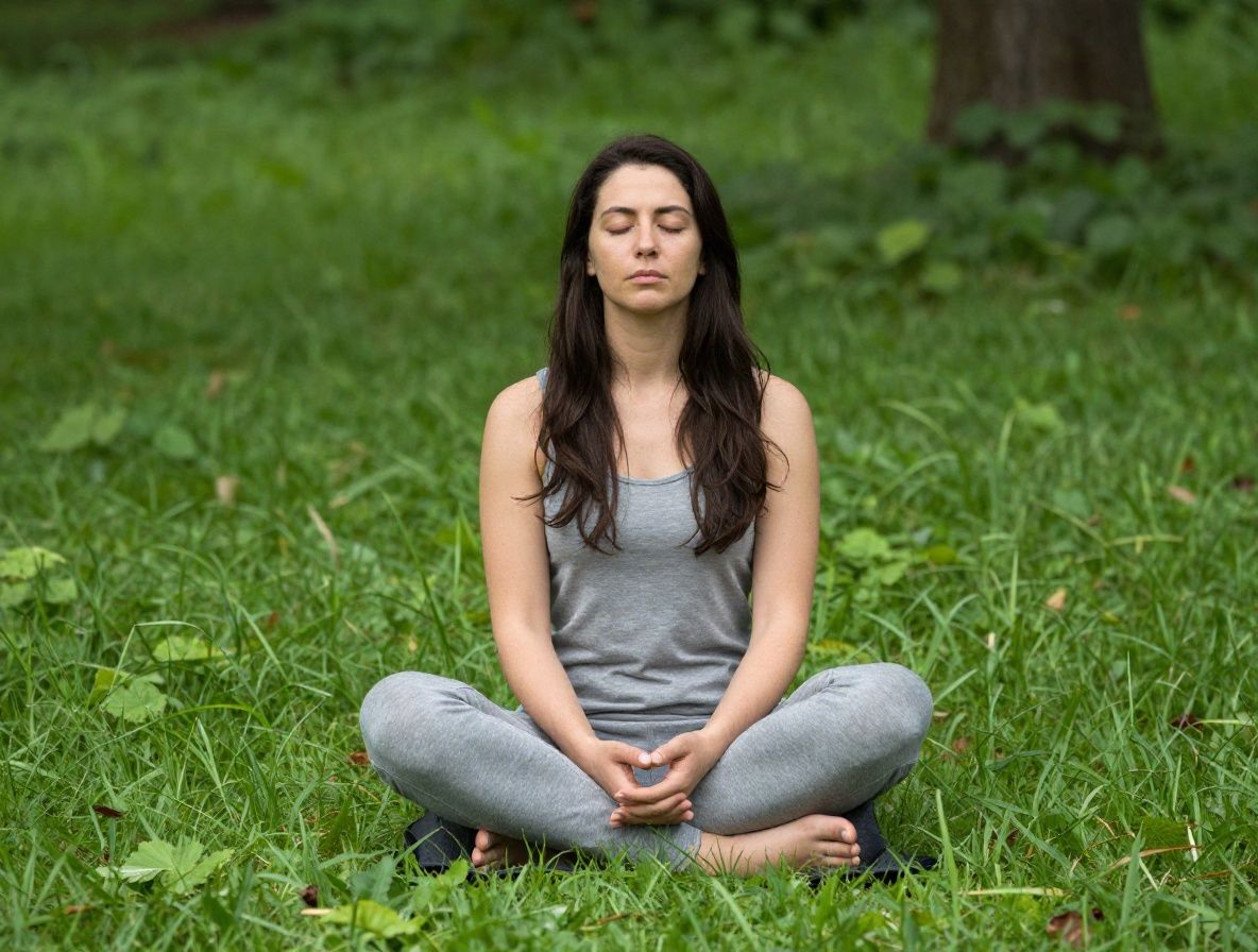 Femme en position de méditation assise sur un tapis naturel dans un espace calme et lumineux, entourée de plantes vertes, dans une atmosphère de sérénité